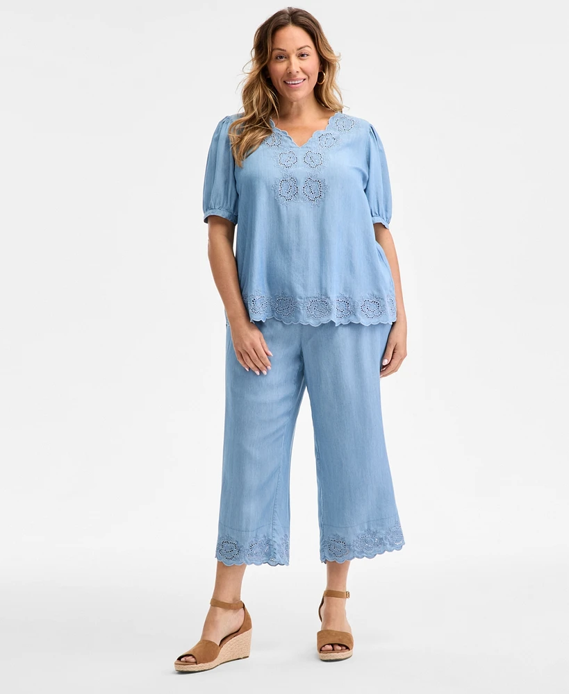 Style & Co Plus Embroidered-Hem Chambray Pull-On Pants, Exclusively at Macy's