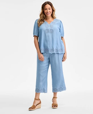 Style & Co Plus Embroidered-Hem Chambray Pull-On Pants, Exclusively at Macy's