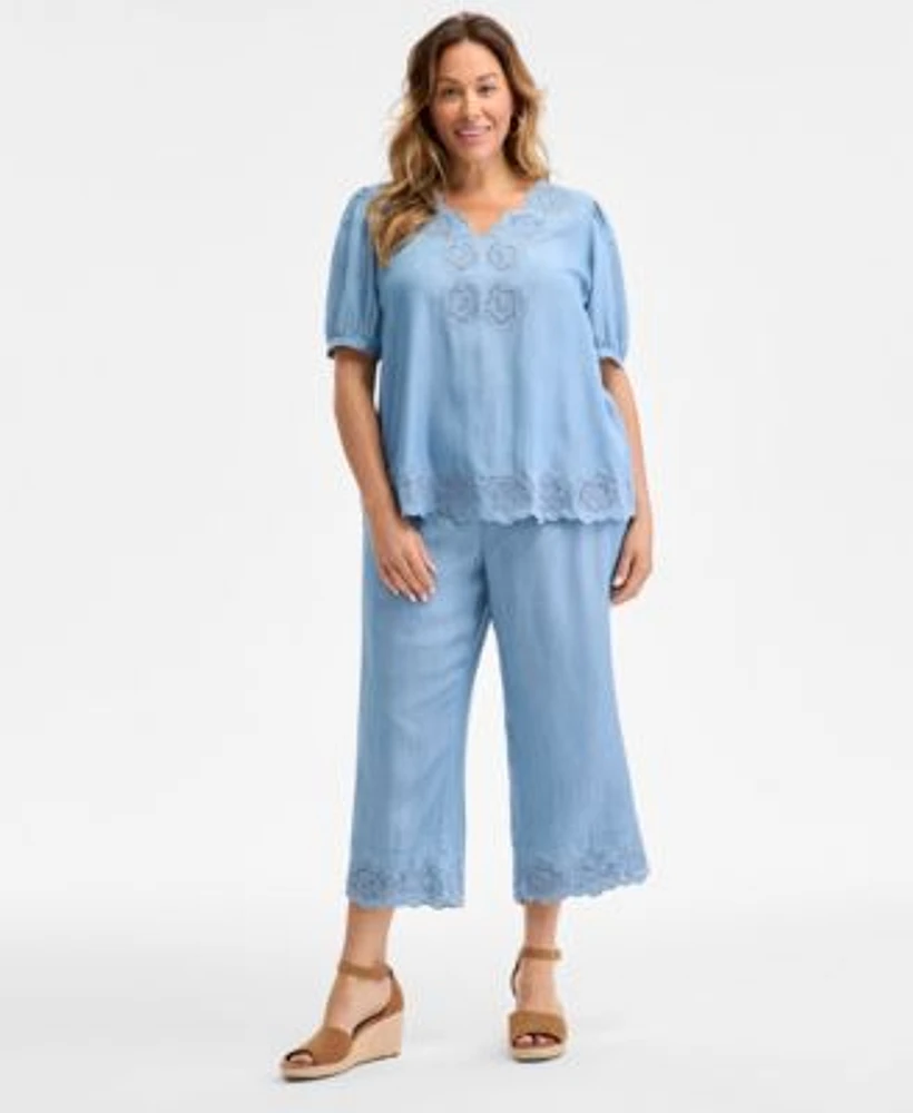 Style Co Plus Size Scalloped Eyelet Top Chambray Pull On Pants Exclusively At Macys
