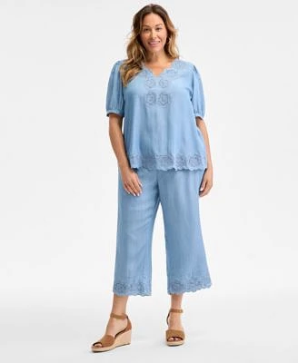 Style Co Plus Size Scalloped Eyelet Top Chambray Pull On Pants Exclusively At Macys