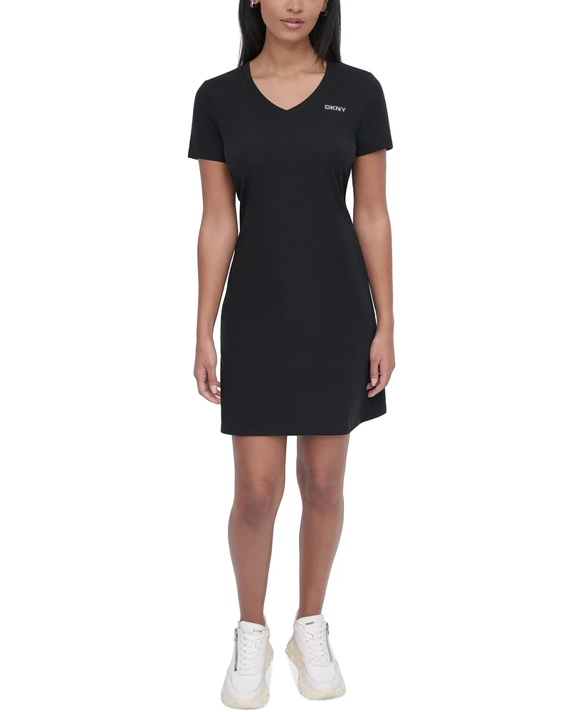 Dkny Sport Women's Studded-Logo V-Neck T-Shirt Dress