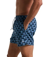 Original Penguin Men's Slim Fit Geo Palm Print Drawstring 5" Swim Trunks