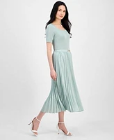 Anne Klein Womens Short Sleeve Sweater Pleated Midi Skirt