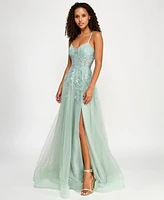 Say Yes Juniors' Embroidered Applique Side-Slit Ball Gown, Created for Macy's