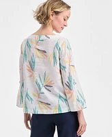 Charter Club Petite Printed Boat-Neck Linen 3/4-Sleeve Blouse, Exclusively at Macy's