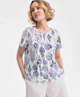 Charter Club Women's Printed Crewneck Short-Sleeve Linen-Blend Top, Exclusively at Macy's
