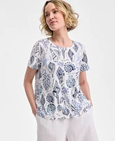 Charter Club Women's Printed Crewneck Short-Sleeve Linen-Blend Top, Exclusively at Macy's