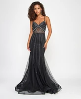 City Studios Juniors' Studded Mesh-Waist Evening Gown