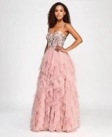 City Studios Juniors' Embroidered Sequined Ruffled Ball Gown, Created for Macy's