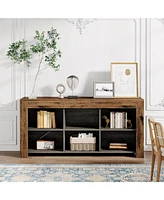 Tribesigns Horizontal Bookcase, Industrial 6 Cubes Storage Organizer Long Bookshelf, Rustic Wood Low Bookshelf Wide Cubby Bookcase for Home Office, Li
