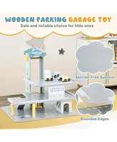 3-Tier Wooden Garage Playset with Working Elevator Helipad Ramp Car Wash Center