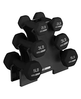 HolaHatha 2, 3, and 5 Pound Neoprene Dumbbell Free Hand Weight Set w/Rack, Black