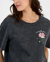 Rebellious One Juniors' Celestial Rose Mineral Wash Graphic T-Shirt