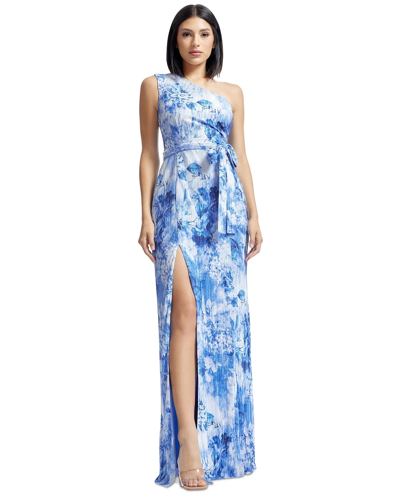 Dress the Population Women's Bella Floral-Print Pleated One-Shoulder Gown