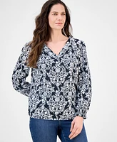 Style & Co Women's Printed V-Neck Smocked-Cuff Top, Exclusively at Macy's