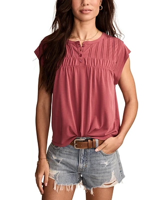 Lucky Brand Women's Smocked Short-Sleeve Henley Top