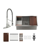 36'' Stainless Steel Kitchen Sink Faucet Sets, Undermount Single Bowl with Cutting Board, Roller Blind, Drain Basket, Grid and Drainer