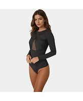 Bebe Women's Mesh Combo Front Twist Knit Bodysuit