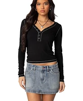 Edikted Womens Yael Contrast Stitch Henley Top