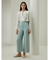Women's Silk Wide Leg Tailored Pant with Mid Rise