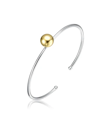 Sterling Silver Two-Tone with 14K Gold Plated Sphere and Sleek White Gold Plated Design Open Cuff Bracelet