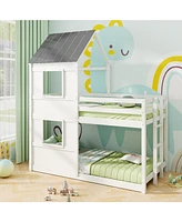 Wooden Bunk Bed with Full-length Safety Guardrail and Ladder