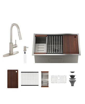 30'' Stainless Steel Kitchen Sink Faucet Set, and Pull-Down with Cutting Board, Roller Blind, Drain Basket, Grid