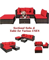 Gymax 5PCS Rattan Sectional Sofa Set Patio Furniture Set w/ Red Cushion Pillow