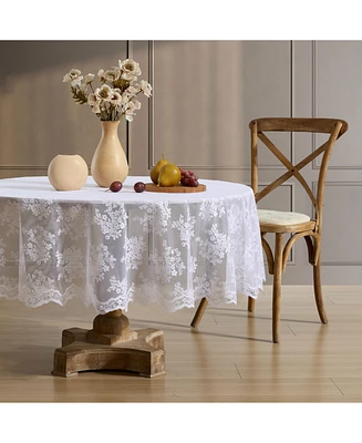 Hlc.me Jolene Floral Lace Fabric Tablecloth, Lace Fabric Table Cloth Round Tables, Wrinkle Resistant Tablecloth, Patterned Scalloped Tablecloth