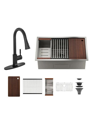 32''x 19'' Stainless Steel Kitchen Sink Faucet Sets, Kitchen Undermount Single Bowl with Cutting Board, Roller Blind, Drain Basket
