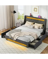 Queen Size Upholstered Platform Bed Frame with Led Lights and Charging Station-Grey
