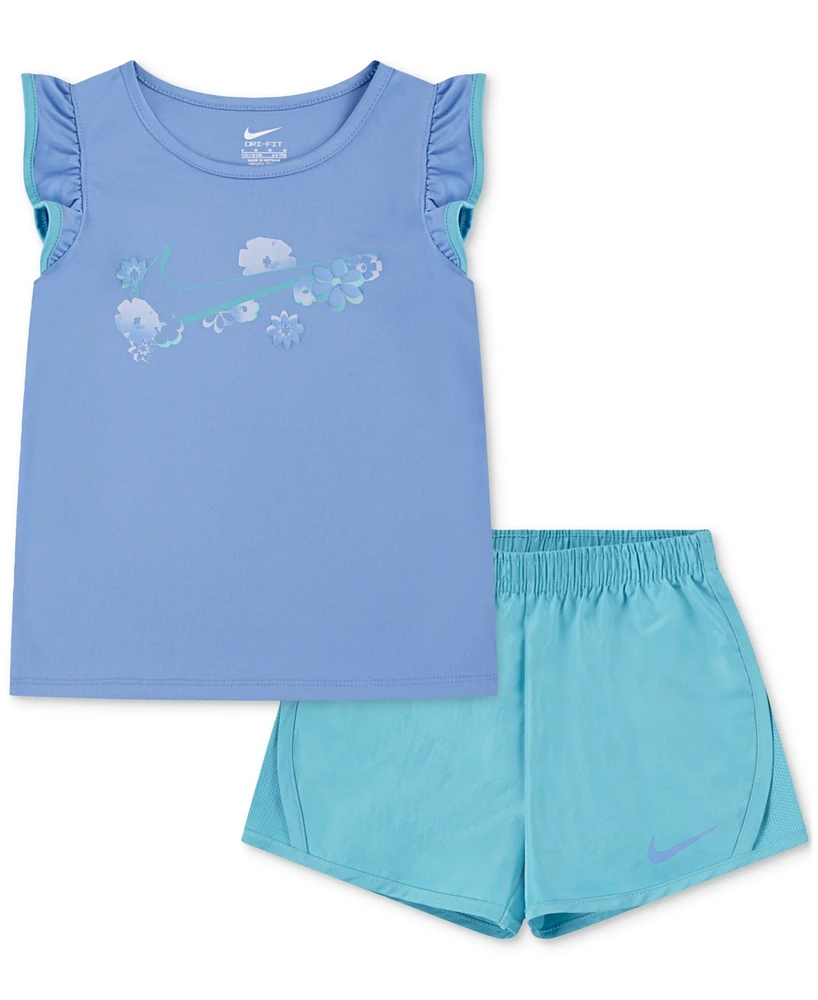 Nike Little Girls Flow-Ral Tempo T-Shirt & Shorts, 2 Piece Set