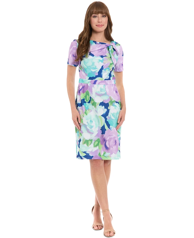 London Times Petite Printed Tie-Neck Sheath Dress