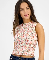 Guess Women's Claire Floral-Print Cropped Smocked Top