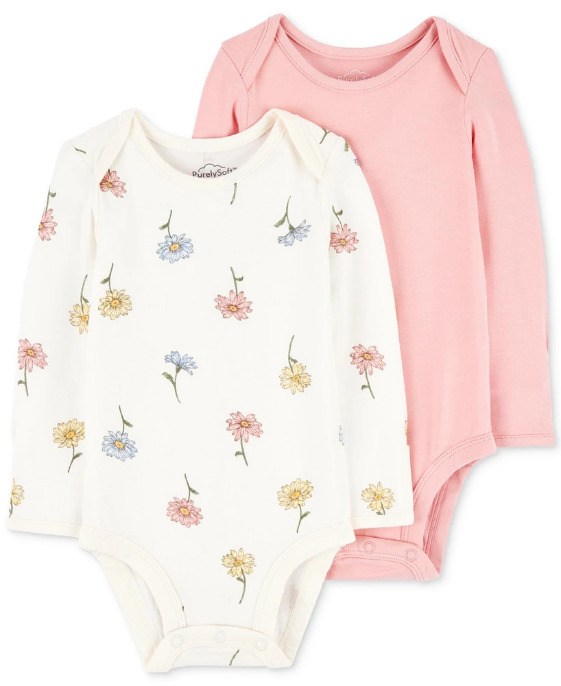 PurelySoft by Carter's Baby Girls Long-Sleeve Bodysuits, Pack of 2