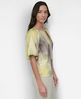 Dkny Women's Printed Puff-Sleeve Keyhole Blouse