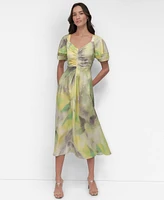 Dkny Women's Printed Ruched-Front Puff-Sleeve Dress
