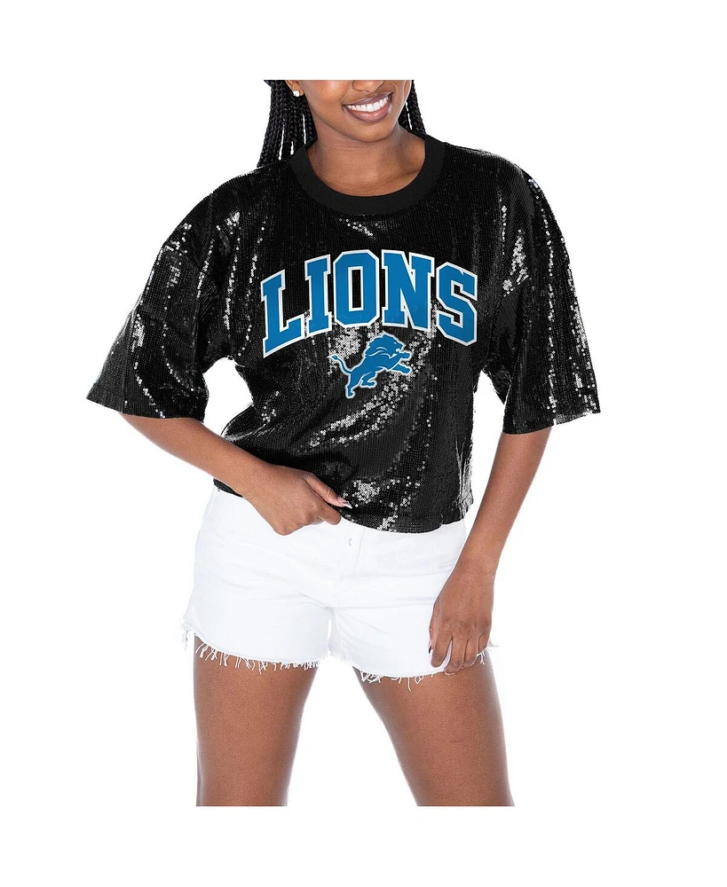 Gameday Couture Women's Black Detroit Lions Rise Up Sequin Cropped T-Shirt