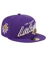 New Era Men's Purple Los Angeles Lakers Sport Night Script Sided 59FIFTY Fitted Hat