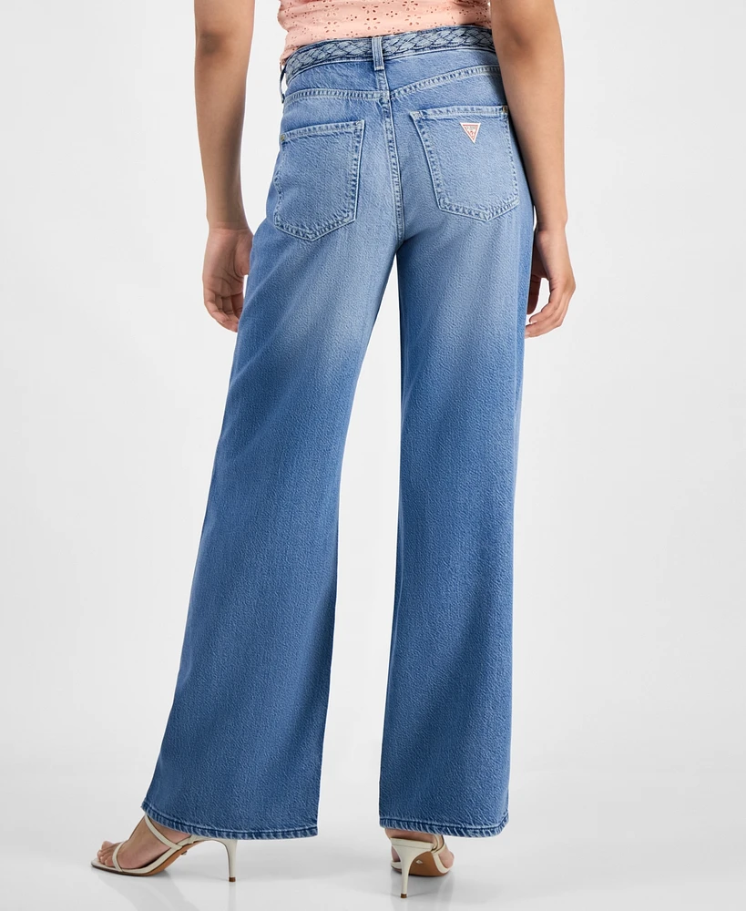 Guess Women's Braided-Waist Wide-Leg High-Rise Jeans