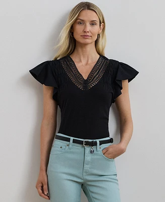 Lauren Ralph Women's Lace-Trim Jersey Flutter-Sleeve Tee