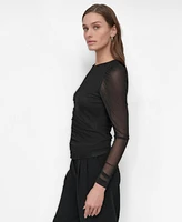 Dkny Women's Front-Ruched Sheer-Sleeve Crewneck Mesh Top