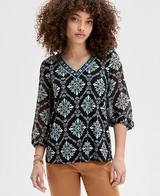 Jm Collection Petite Artisan Medallion-Print Embellished Top, Exclusively at Macy's