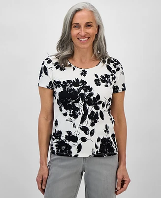 Style & Co Petite Floral-Print Scoop-Neck Short-Sleeve Knit Top, Exclusively at Macy's