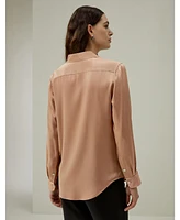 Women's Minimalist Placket Silk Blouse with Shell Buttons