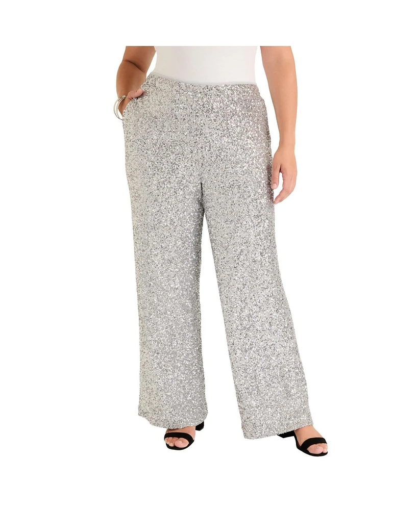 June + Vie Women's Plus Curvie Fit Sequin Wide-Leg Pants