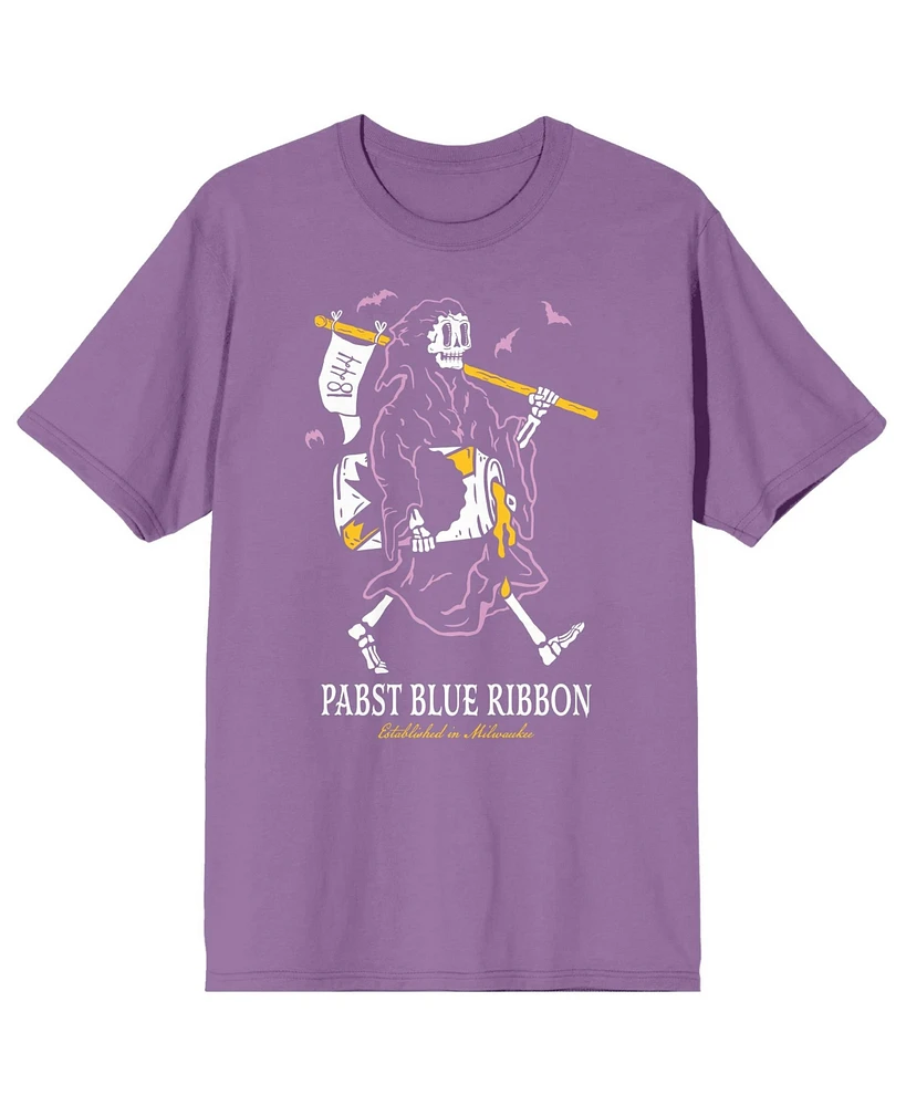 Pabst Blue Ribbon Halloween Skeleton With Beer Crew Neck Short Sleeve Lavender Men's