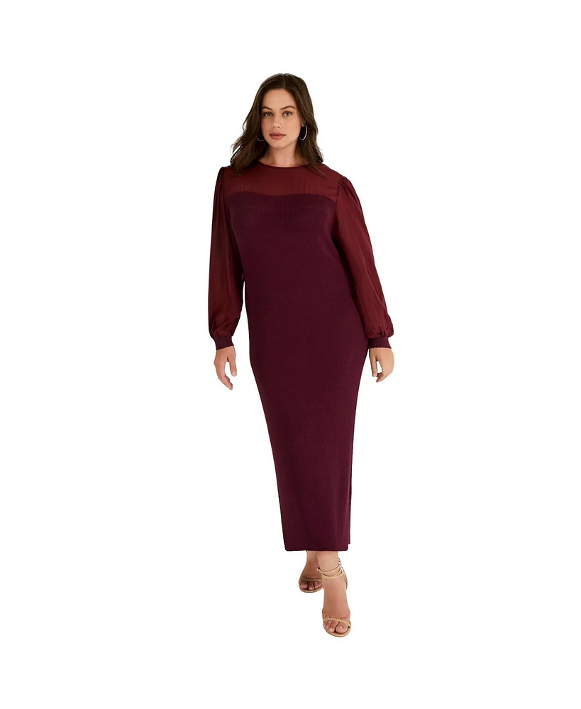 June + Vie Women's Plus Chiffon-Paneled Midi Sweater Dress