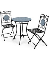 Gymax 3 Pcs Patio Bistro Set Outdoor Patio Furniture Set w/ 1 Mosaic Round Table & 2 Folding Chairs