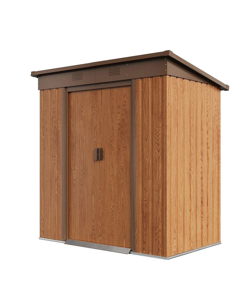 Storage Shed Metal Imitation Wood Grain 4×6 ft Tool Shed Waterproof Brown